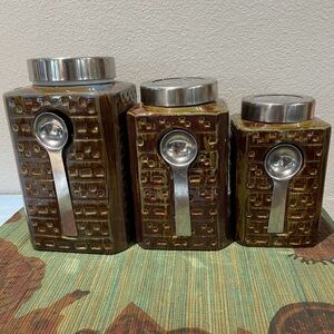 Vintage Pier One Set of 3 Brown Stoneware Canisters Set MCM Reactive Glaze 3…
